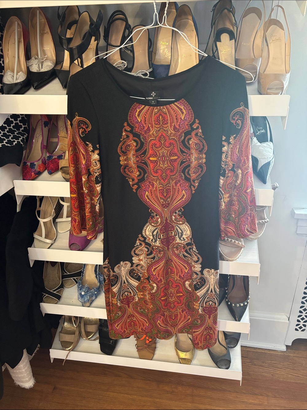 Ronni Nicole Cole Black Dress with Red-Pink Paisley Motif